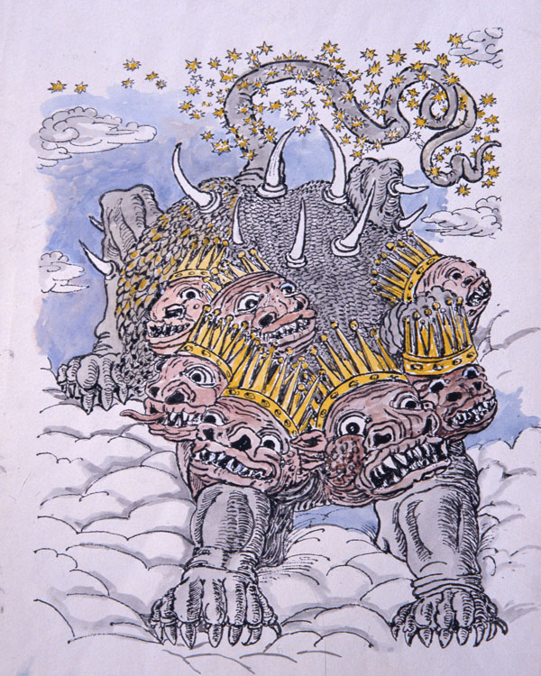Giorgio de Chirico, Ed ecco un gran drago (tavola XII), litografia acquarellata tratta da L’Apocalisse (1977)